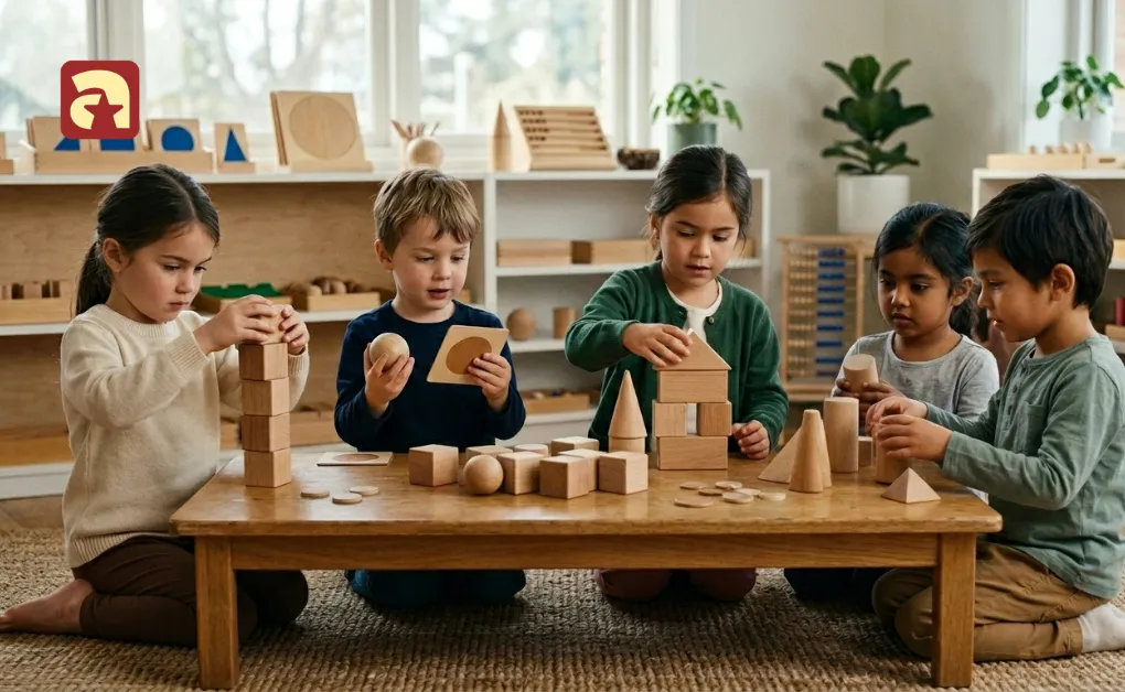 Kindergarten kids building with wooden blocks during a 3D shape building activity to develop spatial awareness skills.