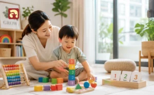 A parent and child playing with blocks and number cards at home, highlighting simple and effective Numeracy Activities for Toddlers