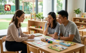 Parents discussing their child's progress with a teacher during a productive parent-teacher meeting questions session at a preschool.