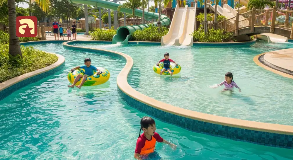 Kids enjoying the lazy river at Adventure Cove, one of the best weekend activities for kids in Singapore for water-based fun