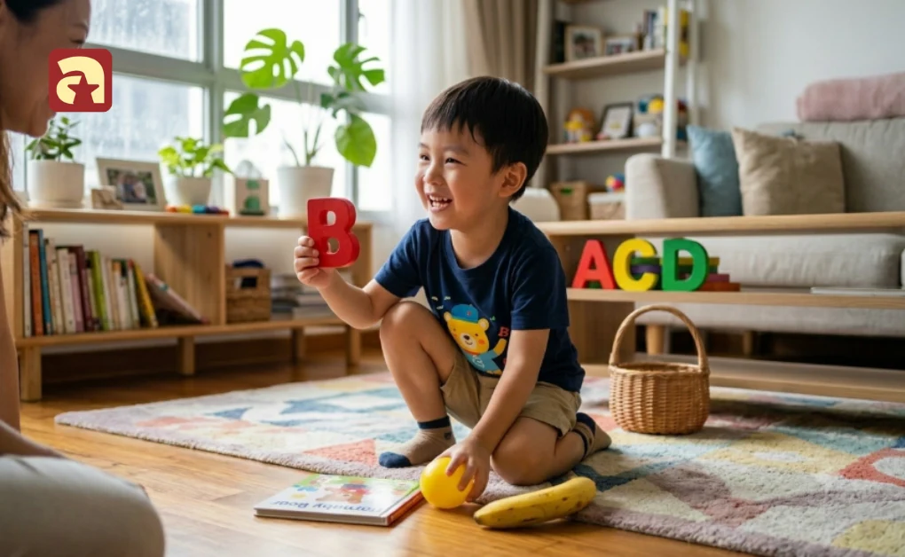 Child holding a letter B toy block during an alphabet hunt game for kids at home in Singapore