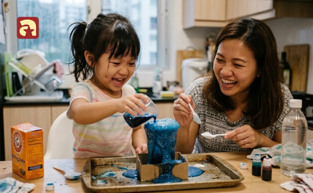 Mother and child doing a baking soda volcano science experiment during indoor activities for kids at home