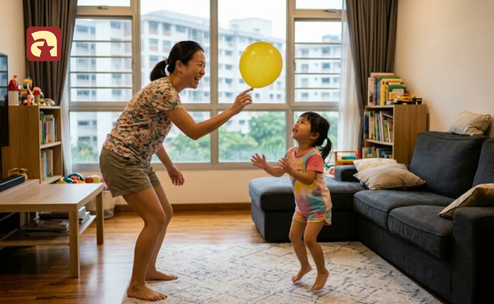 Mother and child playing balloon keep it up game in the living room during indoor activities for kids at home