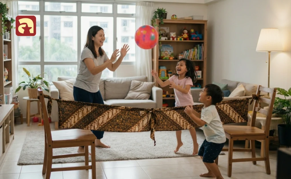 Family playing balloon volleyball over a makeshift net tied between two chairs during indoor activities for kids at home