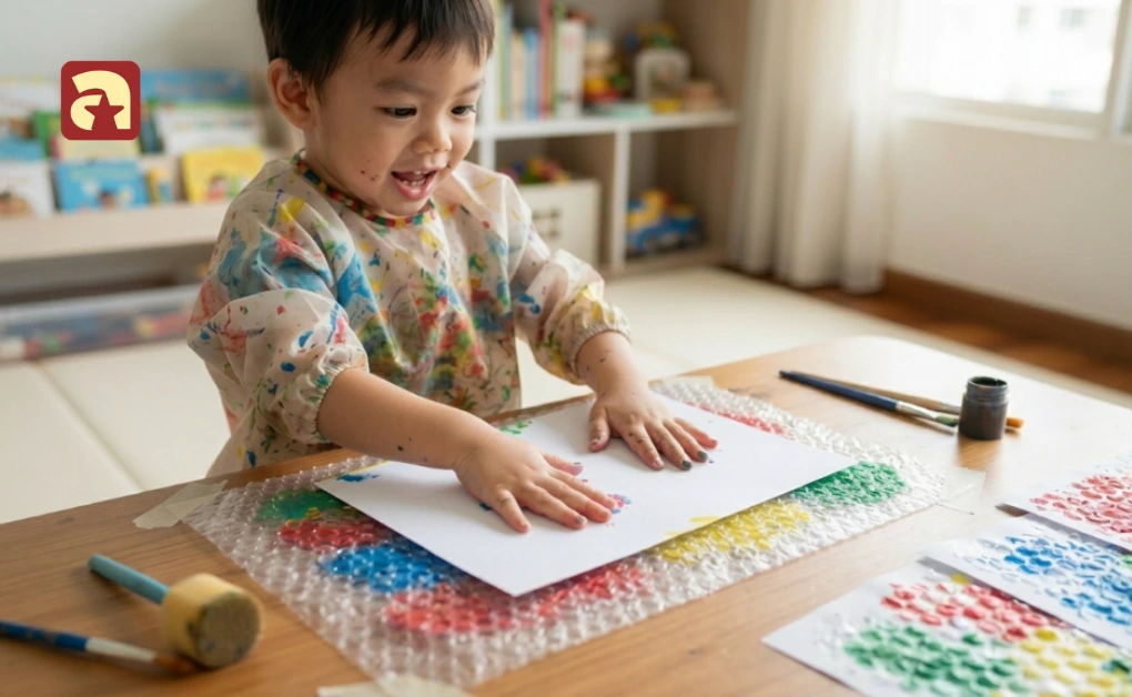 Toddler pressing paper onto painted bubble wrap to reveal colorful textured patterns during an art activity at home