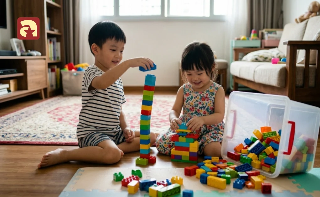 Two children building a tall tower and structures with colorful building blocks and Lego bricks on the living room floor during indoor activities for kids at home