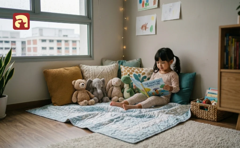 Child reading a book in a calm-down corner with soft toys and cushions during relaxing indoor activities for kids