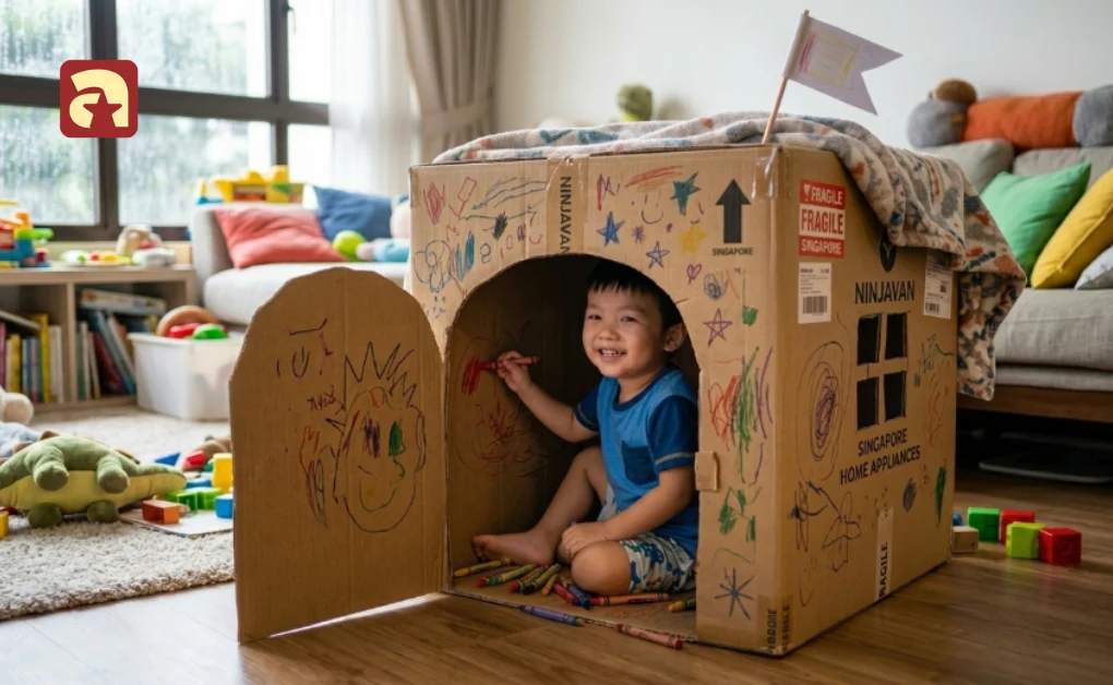 A smiling child sits inside a cardboard playhouse, drawing colorful pictures with crayons in a living room.