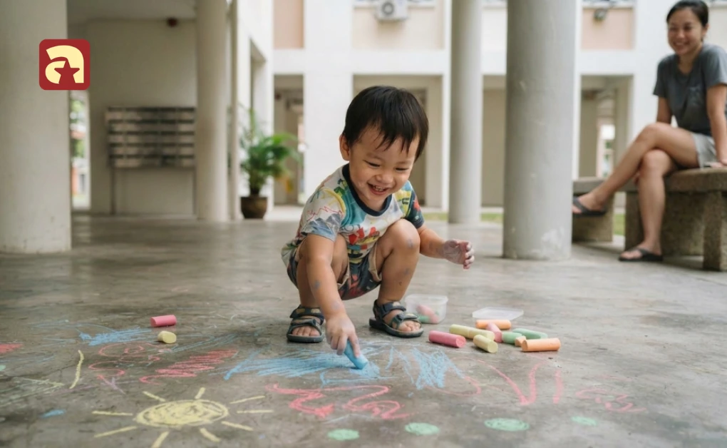 Toddler drawing freely with colorful chalk on the pavement at a void deck during an outdoor art activity
