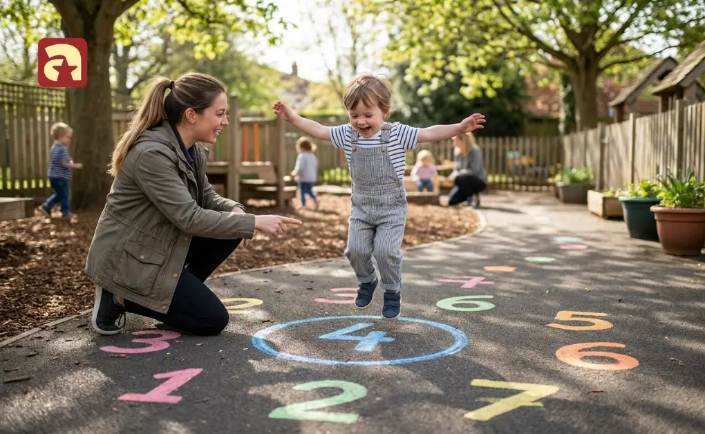 Happy child jumping on sidewalk numbers during a chalk number game with a mother in an outdoor play area