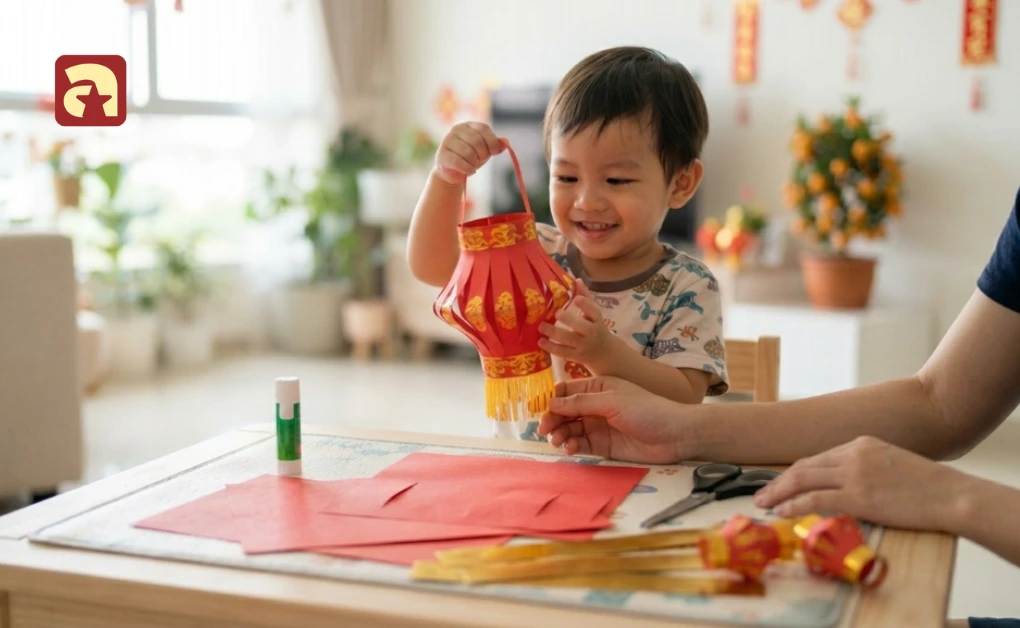 Toddler holding up a handcrafted red paper lantern with gold detailing during a Chinese New Year art activity at home