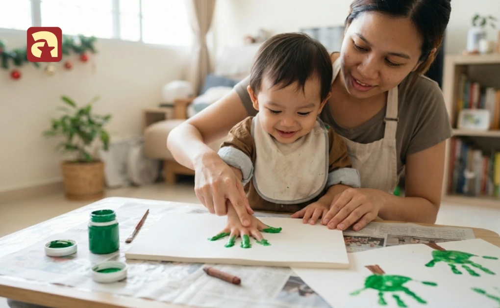 Mother helping her young toddler press a green painted hand onto paper to make a Christmas handprint tree craft at home