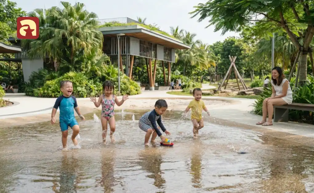 Toddlers playing and splashing in the water play area at Coastal PlayGrove in East Coast Park Singapore