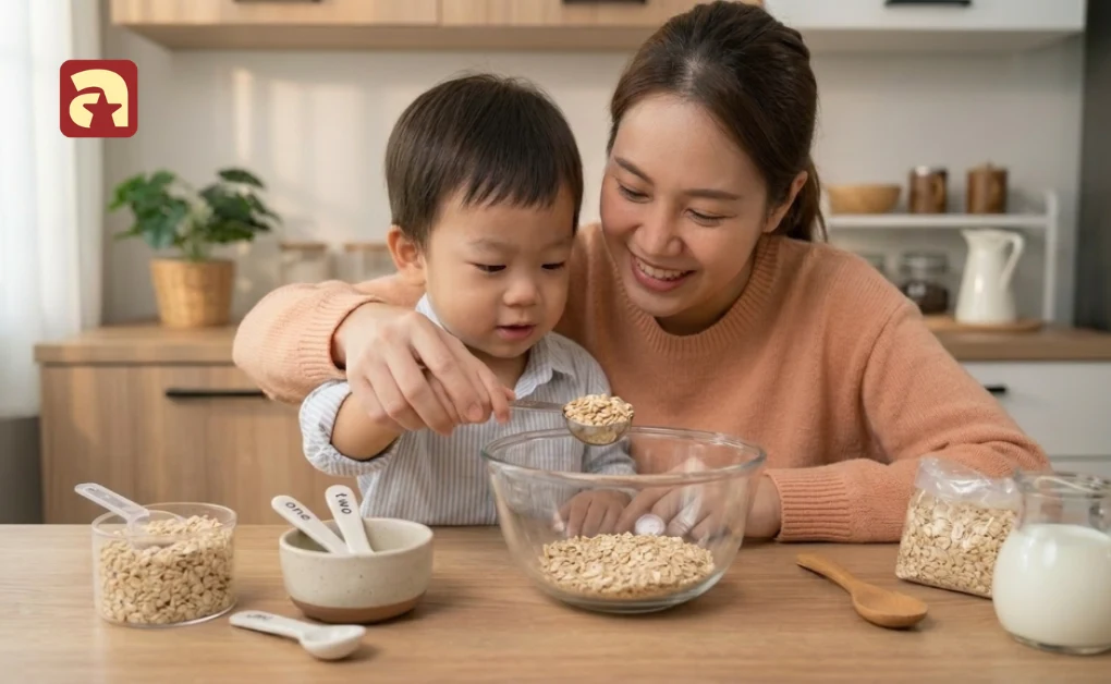 A toddler and parent measuring and scooping oats together in the kitchen to learn about math concepts like full and half