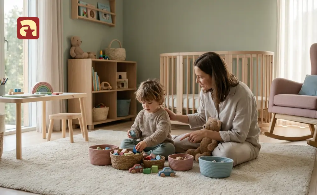 Toddler and mother engaging in count and sort with toys activities using baskets and wooden blocks on a rug.