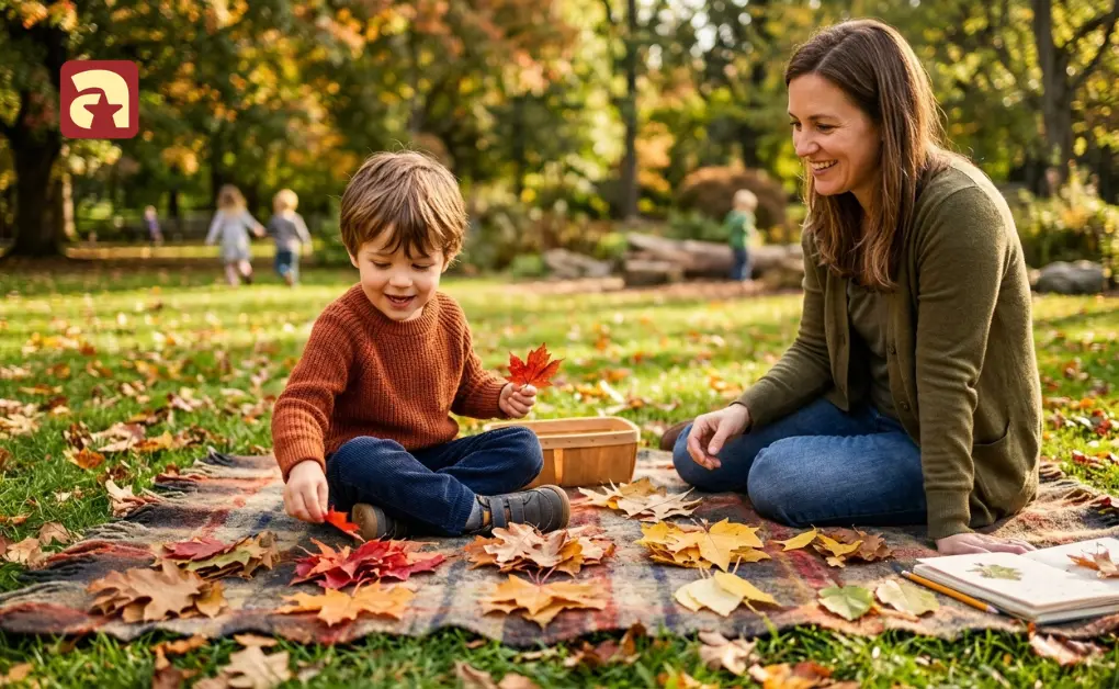 Child and mother enjoy counting leaves and sorting them by color on a blanket in a park during an outdoor math activity