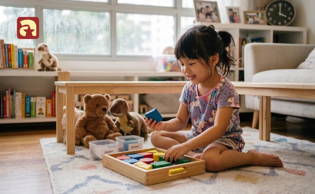 Child playing with counting and shape blocks on the floor during early math and indoor activities for kids in Singapore