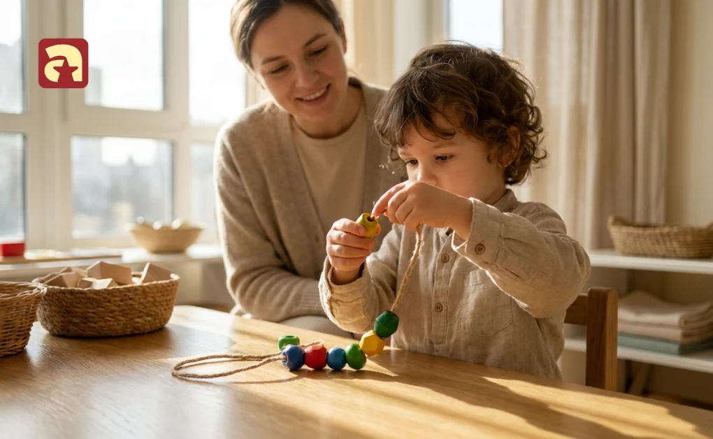 Young boy practicing counting with beads by threading colorful wooden beads onto a string during a creative indoor activity