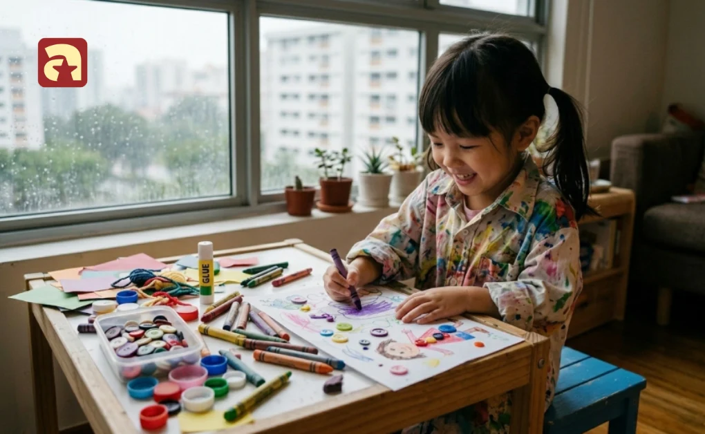 Child doing arts and crafts with crayons and buttons at a table during indoor activities for kids at home