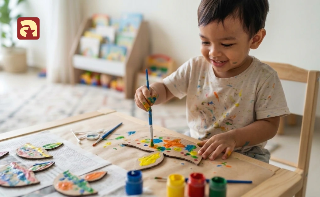 Toddler painting a cardboard diya shape with colorful paint and a brush during a festive Deepavali art activity at home