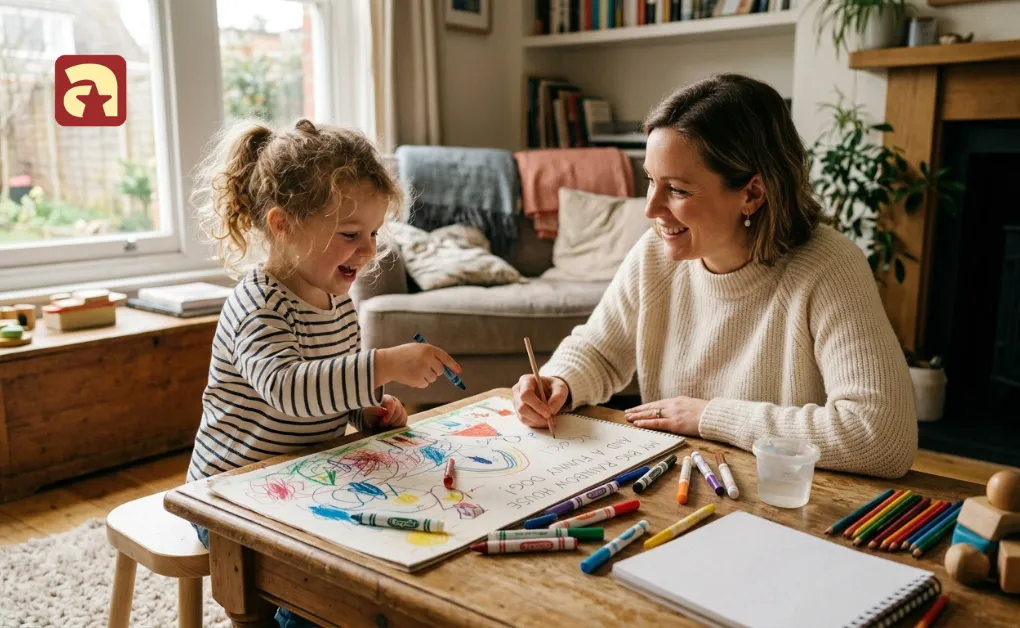 A mother smiling at her toddler during drawing and scribbling activities to support preschool language development.