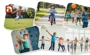 Children performing different Essential gross motor skills activities like jumping, cycling, climbing, and playing in Singapore environment