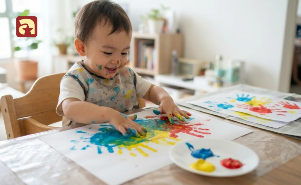 Toddler joyfully pressing hands into vibrant washable paint on paper during a creative messy art activity at home