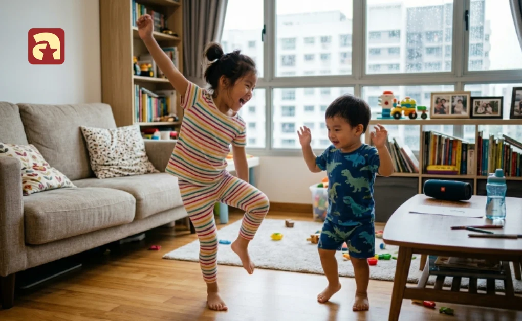 Two children dancing and playing freeze dance in the living room during indoor activities for kids at home
