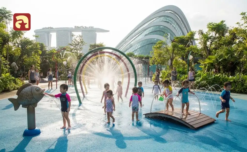 Toddlers playing in water and crossing swaying bridge near fish shaped fountain at Gardens by the Bay Childrens Garden Singapore