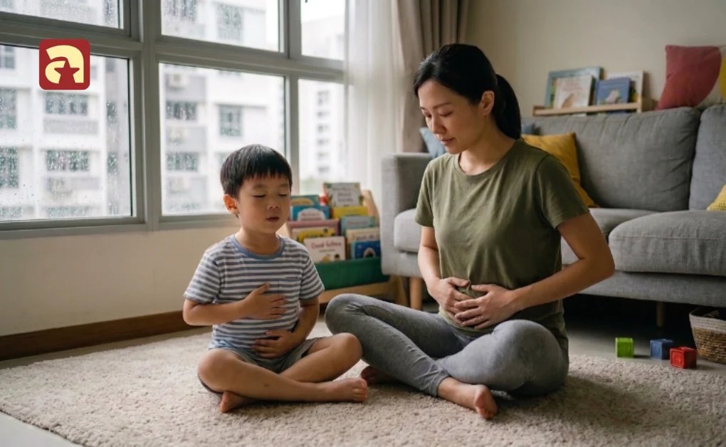 Mother and child practicing guided breathing exercises with hands on their chests and bellies on a rug during calming indoor activities for kids at home