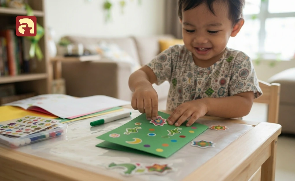decorating a green paper card with festive stickers and markers during a Hari Raya Art Activities for Toddlers