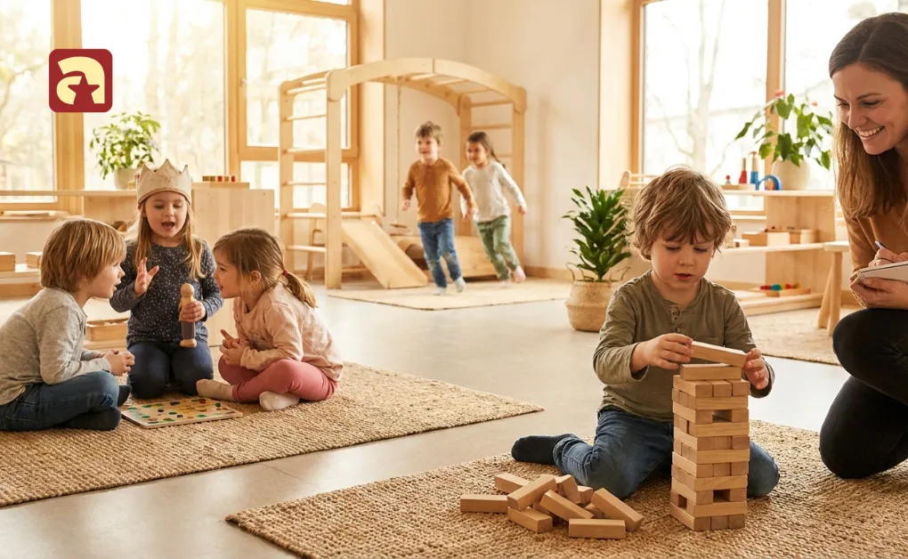 Children learn through play - preschool classroom with block building, group games, and teacher guidance