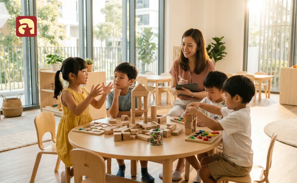Preschool children working together on a group activity while a teacher observes, helping parents understand social dynamics and classroom skills.