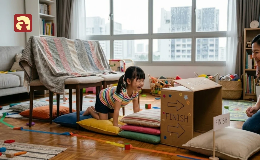 Child crawling through an indoor obstacle course with cushions and a finish line box during fun activities for kids at home in Singapore