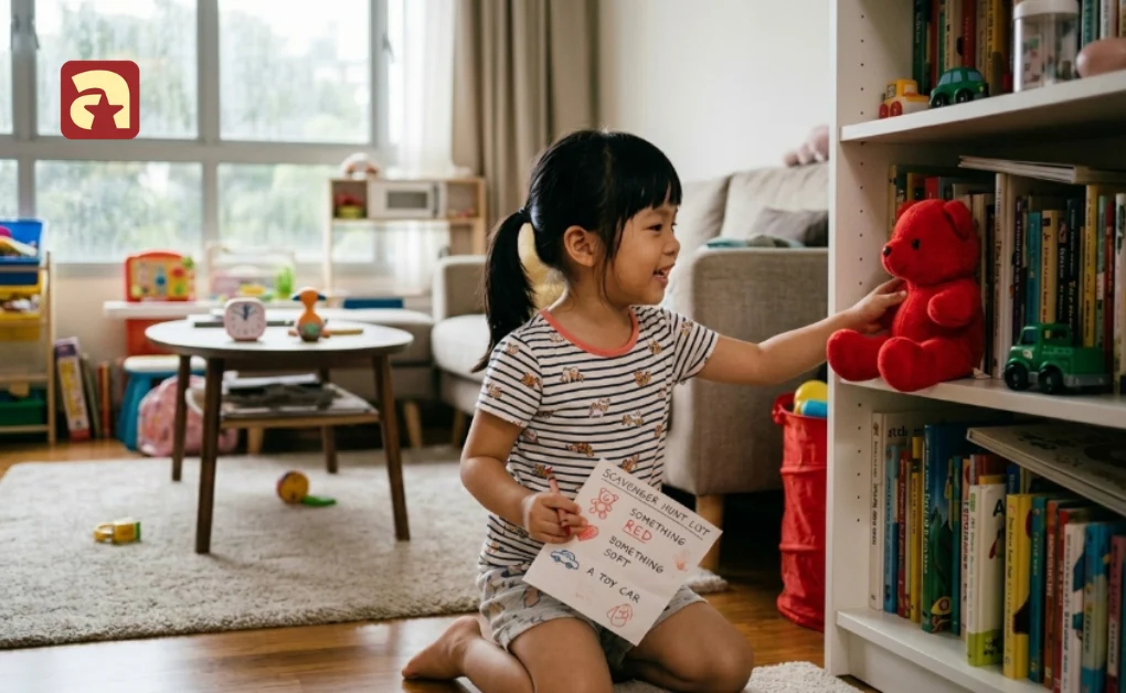 Child holding a scavenger hunt list and finding a red teddy bear on a bookshelf during indoor activities for kids at home