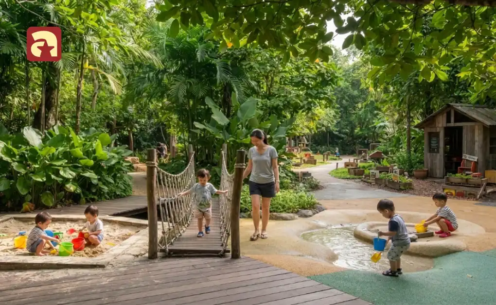 Toddlers playing in sand and water features while crossing suspension bridge at Jacob Ballas Children Garden Singapore