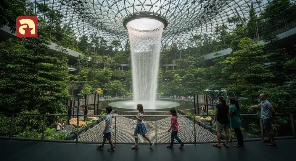 Children exploring the Rain Vortex at Jewel Changi, one of the best weekend activities for kids in Singapore