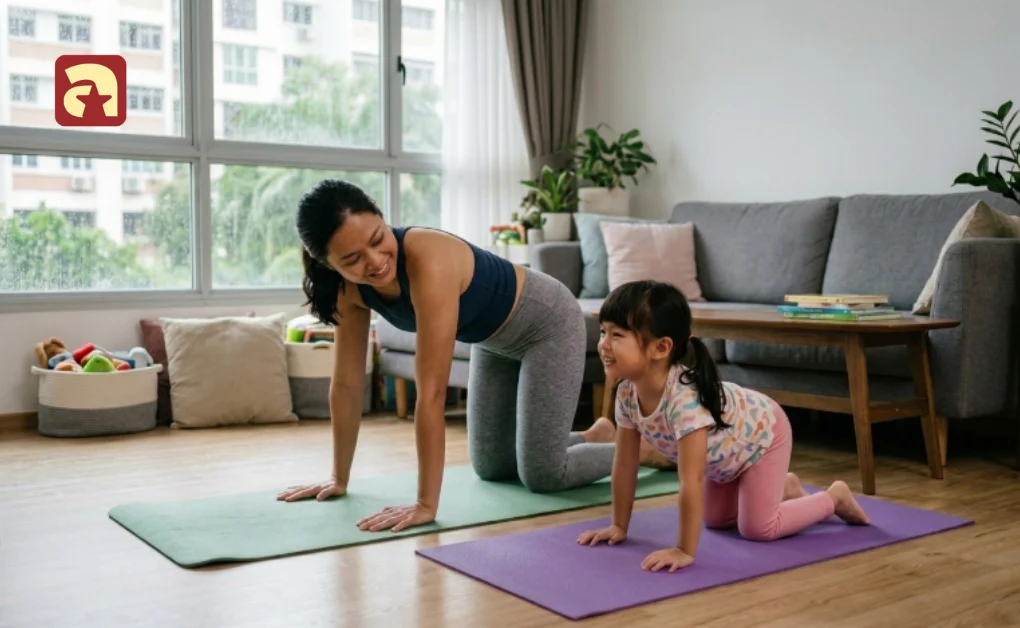 Mother and child doing yoga poses on mats during calming indoor activities for kids at home