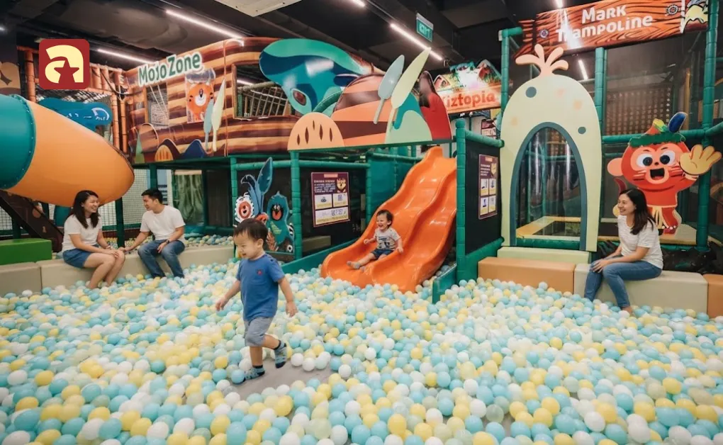 Toddlers playing in large ball pit and sliding down orange slide at Kiztopia indoor playground in Singapore