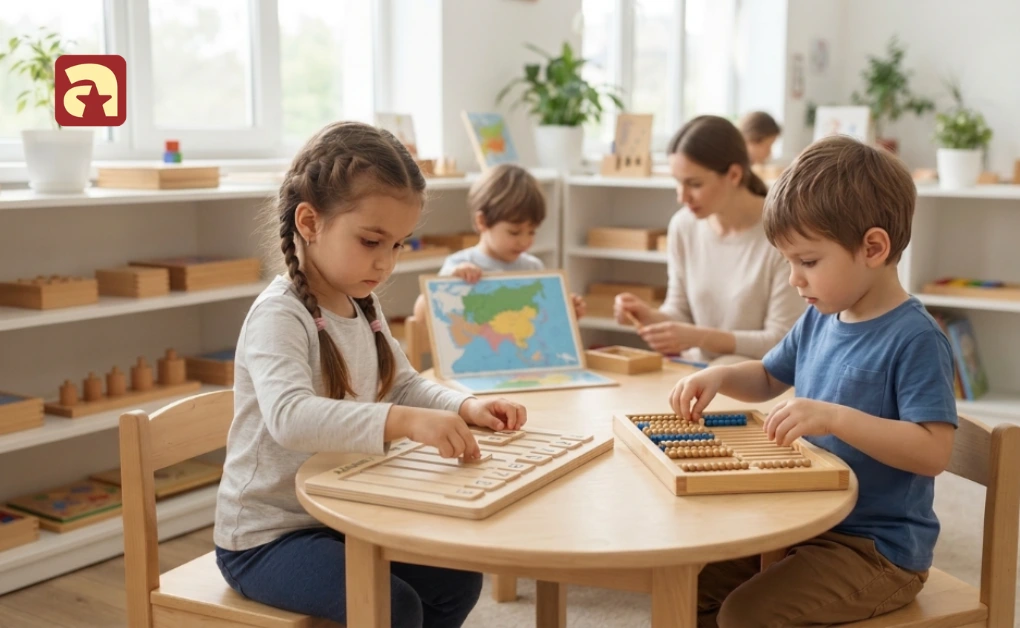 Children in a bright classroom actively engaged in learning through play and discovery, a core principle of the maria montessori approach