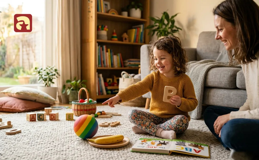 child playing letter hunt games at home with a mother, pointing at objects for preschool language activities.