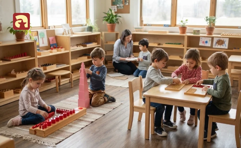 Children in a Montessori class work independently with various materials, demonstrating how the maria montessori method allows personalised learning