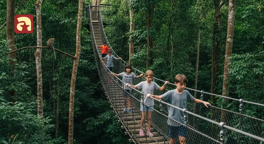 Children crossing a suspension bridge at MacRitchie Reservoir, one of the best outdoor weekend activities for kids in Singapore
