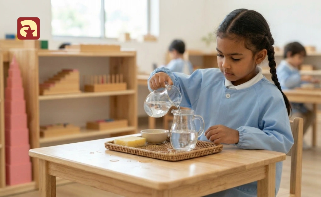 A young child practices pouring water, using specialized tools designed for self-correction within the maria montessori approach