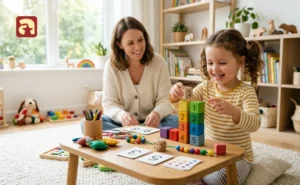 Mother and daughter enjoying fun math activities for preschoolers with colorful numbered blocks and counting cards.