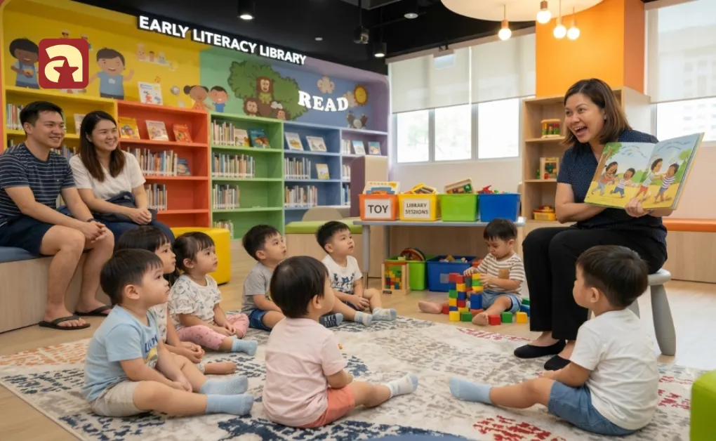 Librarian reading picture book to toddlers during storytime session at NLB early literacy public library in Singapore