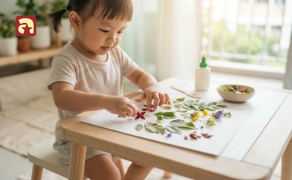 Toddler arranging and sticking collected leaves and flowers onto paper to create a nature collage at a wooden table