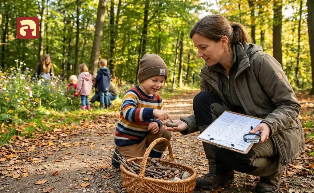 Child and mother exploring the outdoors during a nature counting hunt with a basket of sticks and a checklist in the woods