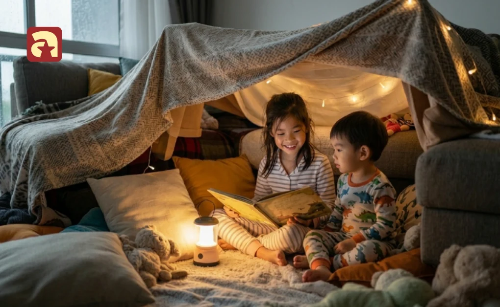 Two children reading a book inside a cozy blanket and pillow fort with a small lantern during indoor activities for kids in Singapore