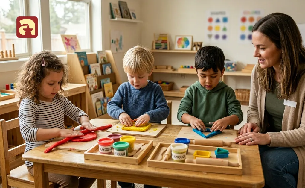 Young children making geometric shapes with colorful playdough on wooden boards during a hands-on preschool activity.